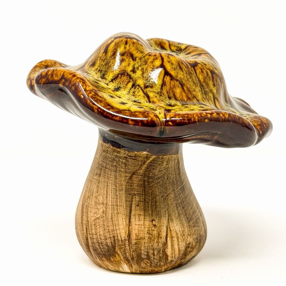 Vintage Ceramic Mushroom Figurine Brown Drip Glaze Toadstool Cottagecore Decor - Picture 2 of 7